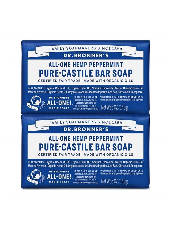 Dr. Bronner's صابون بار بيور كاستيل (نعناع، 5 أونصة، عبوة 2) - مصنوع من زيوت عضوية، للوجه والجسم والشعر، لطيف ومرطب، قابل للتحلل، نباتي، خالي من القسوة، غير معدل وراثيًا - Image 1