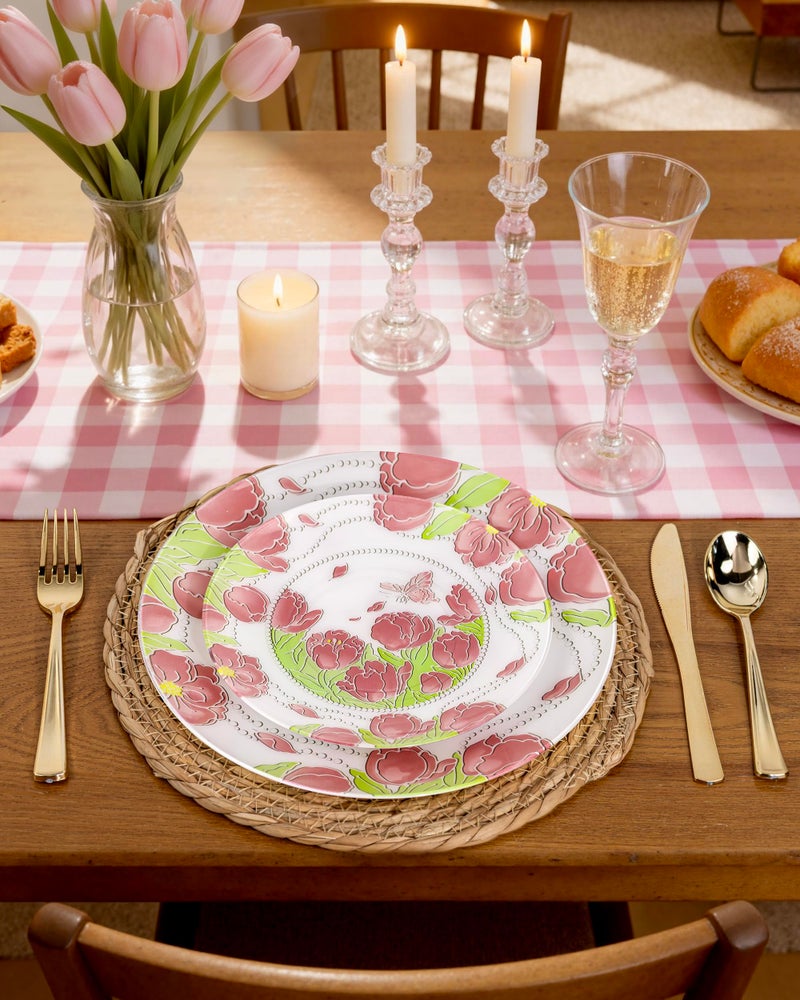 Hioasis 60pcs Plastic Disposable Plates Set - Pink Tulip & Butterfly Pattern with Pearl Trim, 10.25 Dinner & 7.5 Dessert Plates for Wedding,Anniversary,Party and Holiday - Image 5