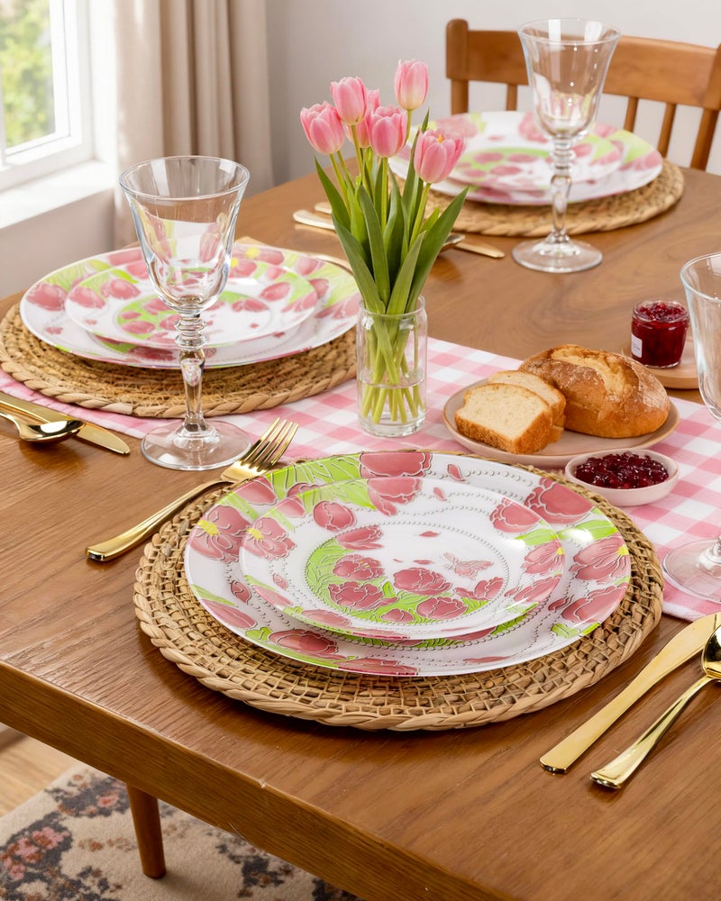 Hioasis 60pcs Plastic Disposable Plates Set - Pink Tulip & Butterfly Pattern with Pearl Trim, 10.25 Dinner & 7.5 Dessert Plates for Wedding,Anniversary,Party and Holiday - Image 2
