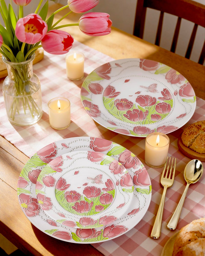 Hioasis 60pcs Plastic Disposable Plates Set - Pink Tulip & Butterfly Pattern with Pearl Trim, 10.25 Dinner & 7.5 Dessert Plates for Wedding,Anniversary,Party and Holiday - Image 4