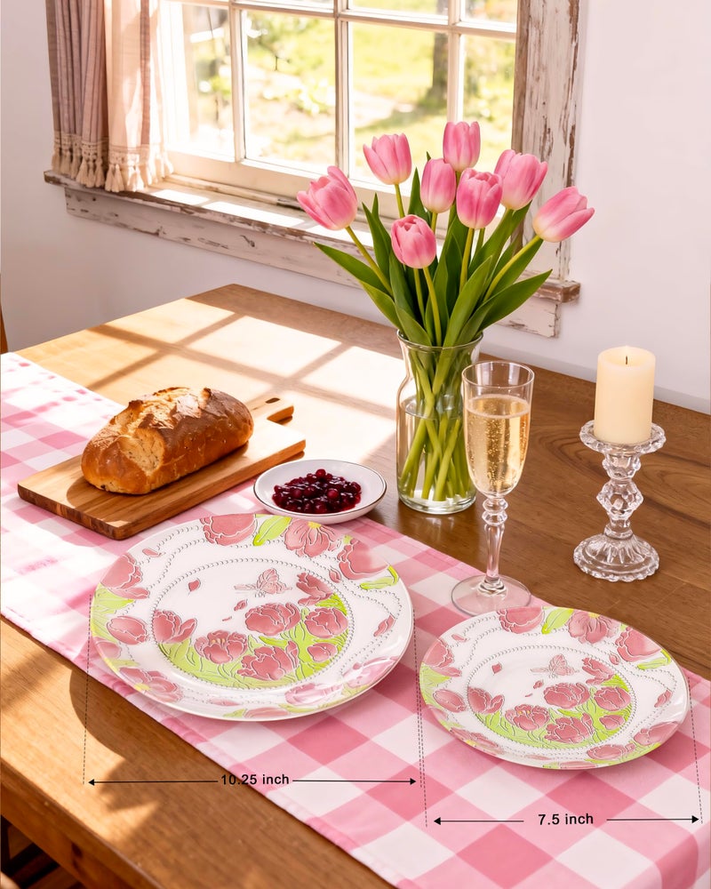Hioasis 60pcs Plastic Disposable Plates Set - Pink Tulip & Butterfly Pattern with Pearl Trim, 10.25 Dinner & 7.5 Dessert Plates for Wedding,Anniversary,Party and Holiday - Image 3