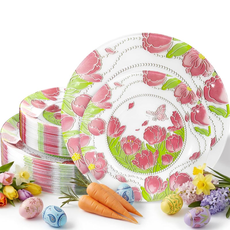 Hioasis 60pcs Plastic Disposable Plates Set - Pink Tulip & Butterfly Pattern with Pearl Trim, 10.25 Dinner & 7.5 Dessert Plates for Wedding,Anniversary,Party and Holiday - Image 1