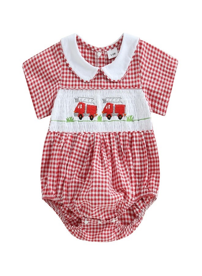 Honganda Newborn Infant Baby Girl Bubble Romper Fire Truck Doll Collar Short Sleeve Smocked Onesie Plaid Jumpsuit (Red, 3-6 Months) - Image 1