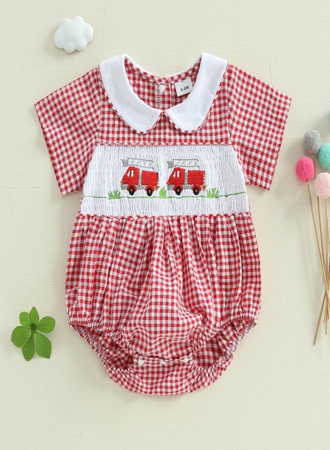 Honganda Newborn Infant Baby Girl Bubble Romper Fire Truck Doll Collar Short Sleeve Smocked Onesie Plaid Jumpsuit (Red, 3-6 Months) - Image 2
