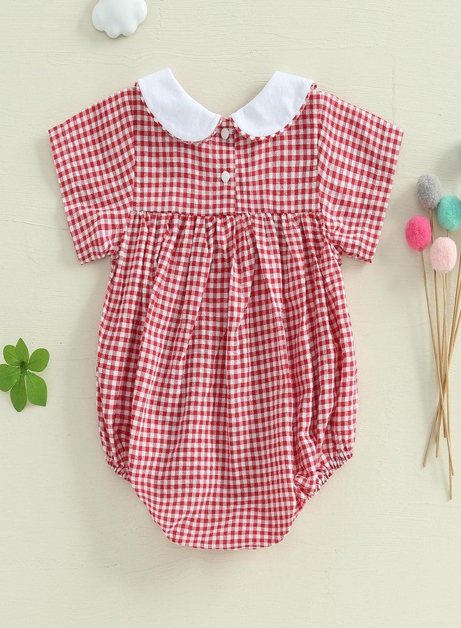 Honganda Newborn Infant Baby Girl Bubble Romper Fire Truck Doll Collar Short Sleeve Smocked Onesie Plaid Jumpsuit (Red, 3-6 Months) - Image 4