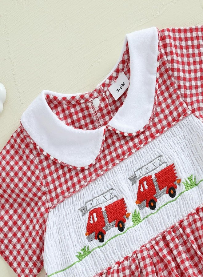 Honganda Newborn Infant Baby Girl Bubble Romper Fire Truck Doll Collar Short Sleeve Smocked Onesie Plaid Jumpsuit (Red, 3-6 Months) - Image 5