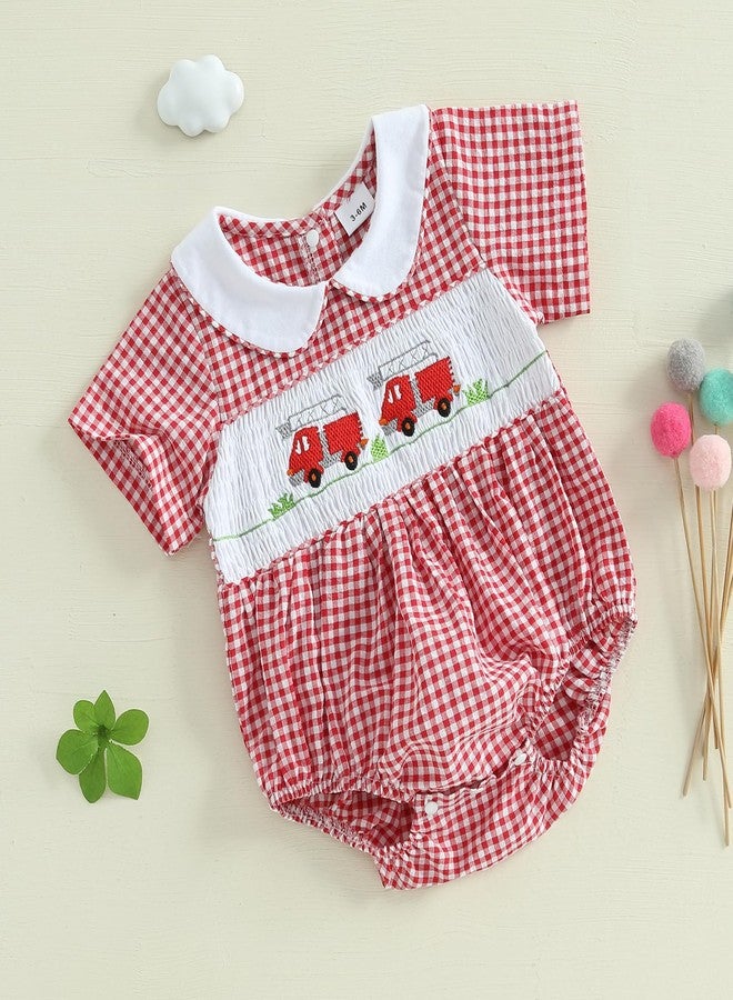 Honganda Newborn Infant Baby Girl Bubble Romper Fire Truck Doll Collar Short Sleeve Smocked Onesie Plaid Jumpsuit (Red, 3-6 Months) - Image 3