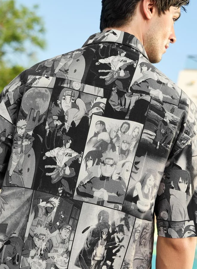 The Souled Store  Men Black AOP Anime Print Spread Collar Oversized Shirt for Men | Best Price UAE