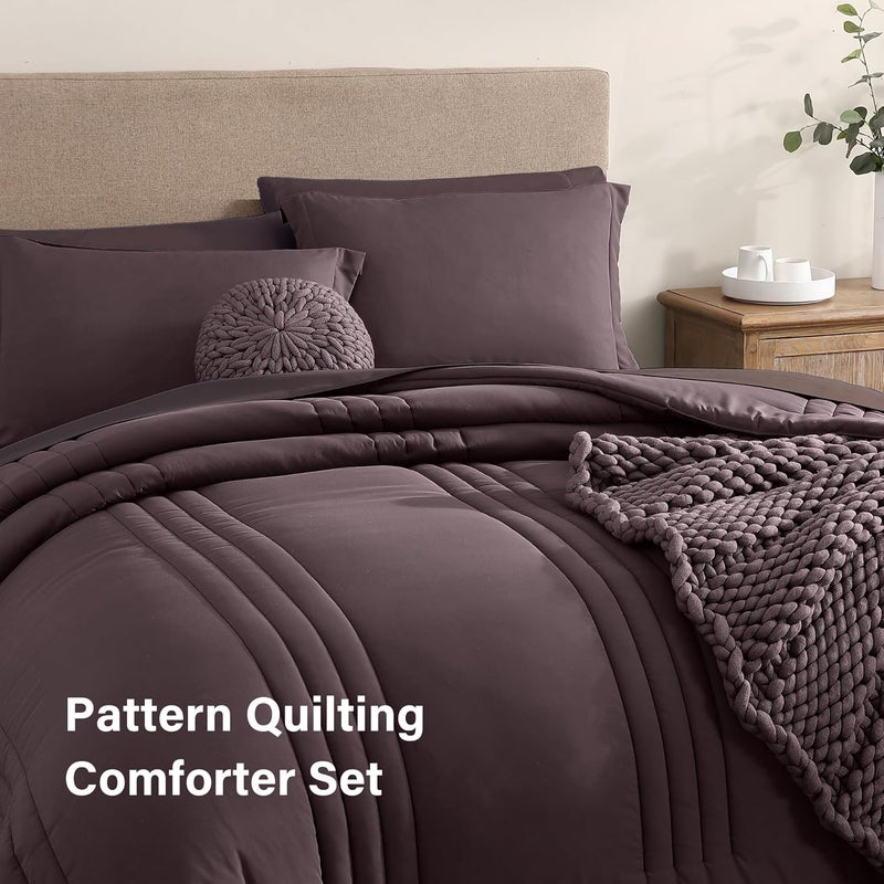 Monbix Queen Comforter Set - 7 Pieces ltalian Plum Bed in a Bag Queen Bedding Sets with Comforters, All Seasons Down Alternative Comforter Bed Set with Sheets,Pillowcases & Shams - Image 3