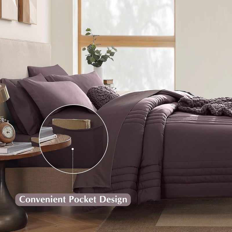 Monbix Queen Comforter Set - 7 Pieces ltalian Plum Bed in a Bag Queen Bedding Sets with Comforters, All Seasons Down Alternative Comforter Bed Set with Sheets,Pillowcases & Shams - Image 4