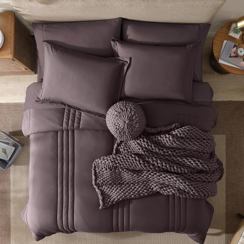 Monbix Queen Comforter Set - 7 Pieces ltalian Plum Bed in a Bag Queen Bedding Sets with Comforters, All Seasons Down Alternative Comforter Bed Set with Sheets,Pillowcases & Shams - Image 5