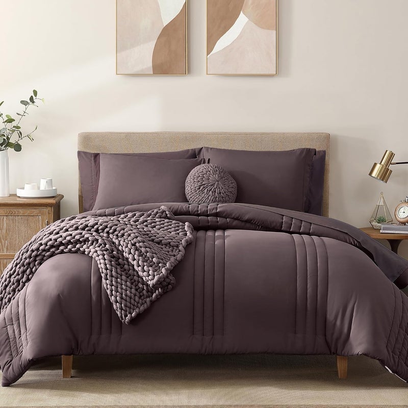 Monbix Queen Comforter Set - 7 Pieces ltalian Plum Bed in a Bag Queen Bedding Sets with Comforters, All Seasons Down Alternative Comforter Bed Set with Sheets,Pillowcases & Shams - Image 1