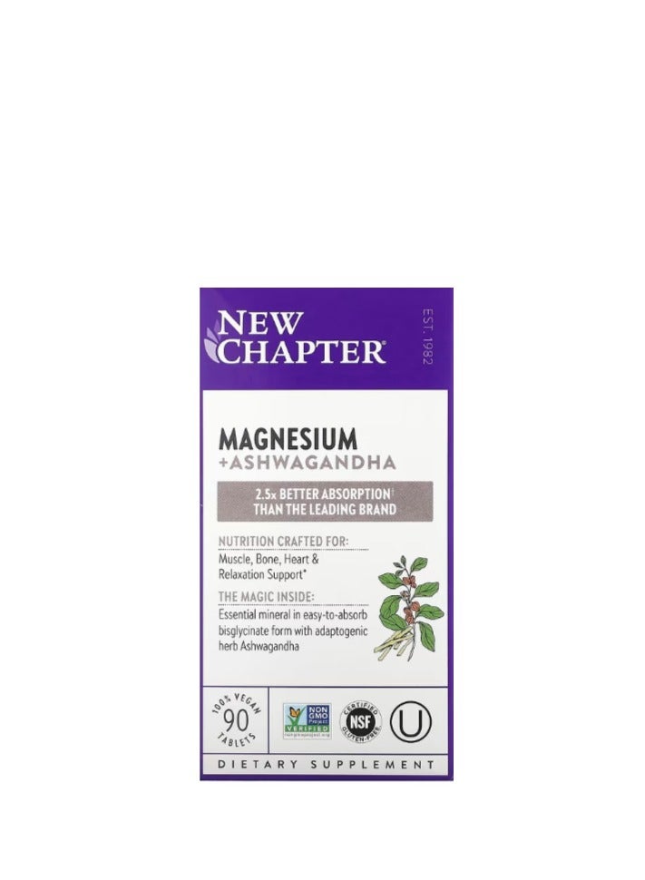 New Chapter Magnesium + Ashwagandha Supplement, 325 mg with Magnesium Glycinate, 2.5x Absorption, Muscle Recovery, Heart & Bone Health, Calm & Relaxation, Gluten Free, Non-GMO - 90 ct (3 Month Supply) - Image 1