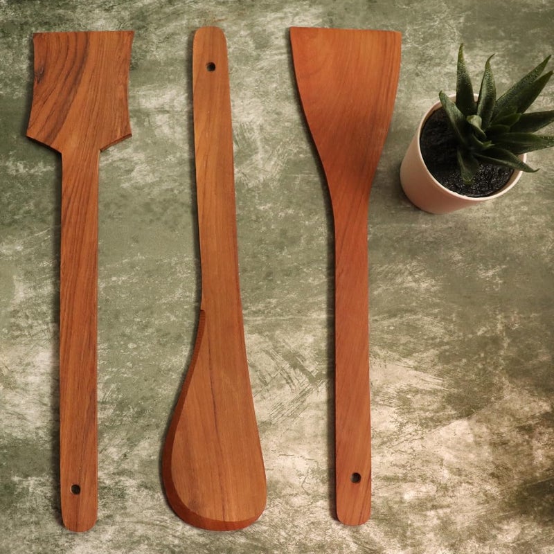 KITCHEN 101 Kitchen 101 Handcrafted Premium Teak Wooden Spatula Set of 3 Wooden Set for Kitchen Non Stick Spatula Set Dosa Palta Spatula Wooden Spoon Set Wooden Karchi for Cooking - Image 1