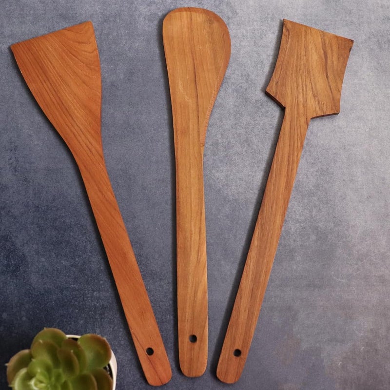 KITCHEN 101 Kitchen 101 Handcrafted Premium Teak Wooden Spatula Set of 3 Wooden Set for Kitchen Non Stick Spatula Set Dosa Palta Spatula Wooden Spoon Set Wooden Karchi for Cooking - Image 5