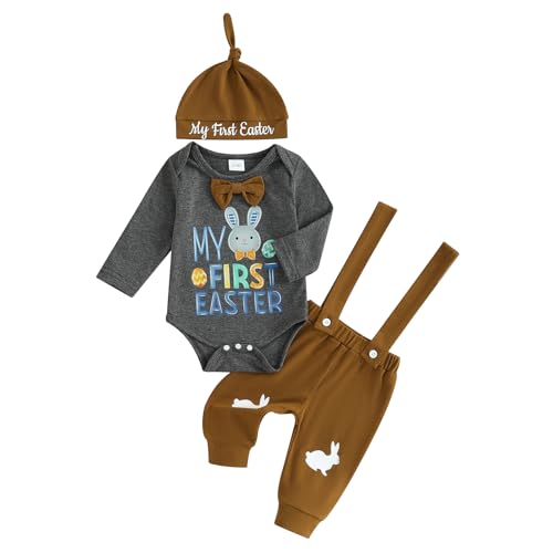 Frietlebird Baby Boy Easter Outfit Bunny Letter Long Sleeve Romper Suspender Pants Set My First Easter Baby Boy Outfit (B-Grey,6-12 Months) - Image 1