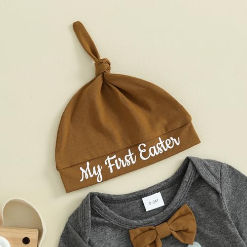 Frietlebird Baby Boy Easter Outfit Bunny Letter Long Sleeve Romper Suspender Pants Set My First Easter Baby Boy Outfit (B-Grey,6-12 Months) - Image 3