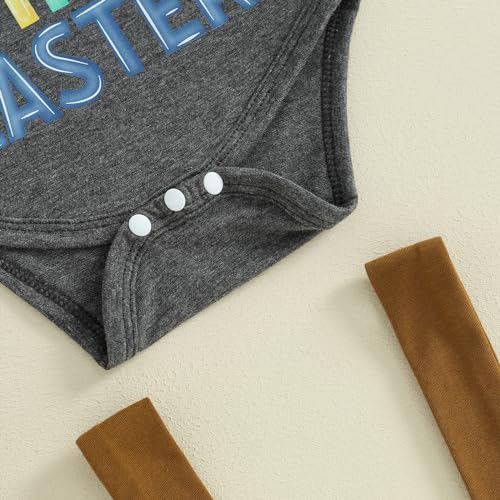 Frietlebird Baby Boy Easter Outfit Bunny Letter Long Sleeve Romper Suspender Pants Set My First Easter Baby Boy Outfit (B-Grey,6-12 Months) - Image 5