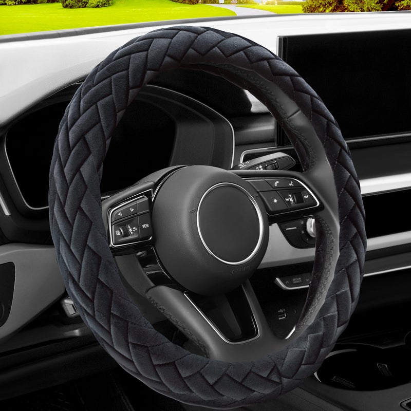 YHONGJT Soft Velvet Steering Wheel Cover Cute Hands Warm Fuzzy Universal 15 Inch for Women Girls Fit Vehicles Sedans SUVs Vans Trucks Black - Image 2