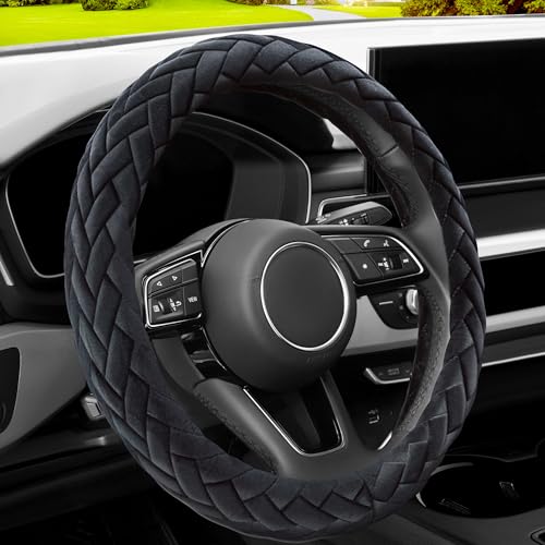 YHONGJT Soft Velvet Steering Wheel Cover Cute Hands Warm Fuzzy Universal 15 Inch for Women Girls Fit Vehicles Sedans SUVs Vans Trucks Black - Image 1