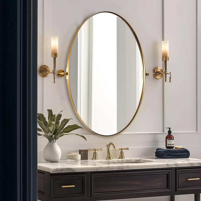 MOON MIRROR MOON MIRROR Gold Oval Mirror Oval Pivot Mirror for Bathroom Brass Oval Vanity Mirror for Wall Oval Mirror for Bathroom Brushed Gold Tilting Bathroom Pivoting MirrorOverall 2537 x 30 
