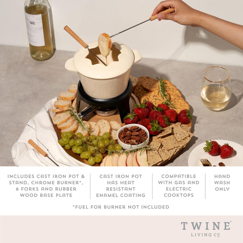 Twine Twine Farmhouse Kitchen Enamel Cast Iron Metal Stand, Chocolate Melting, Cheese Fondue Pot Set, 8.5", Off-Cream  - Image 2