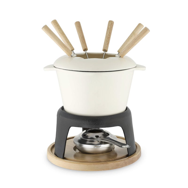 Twine Twine Farmhouse Kitchen Enamel Cast Iron Metal Stand, Chocolate Melting, Cheese Fondue Pot Set, 8.5", Off-Cream  - Image 1