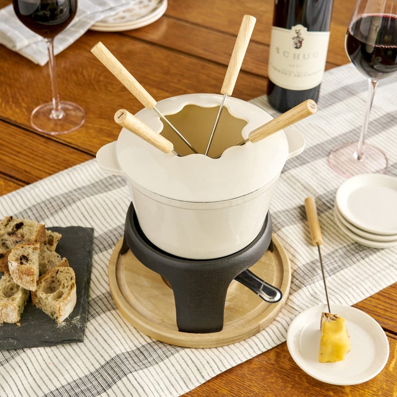 Twine Twine Farmhouse Kitchen Enamel Cast Iron Metal Stand, Chocolate Melting, Cheese Fondue Pot Set, 8.5", Off-Cream  - Image 4