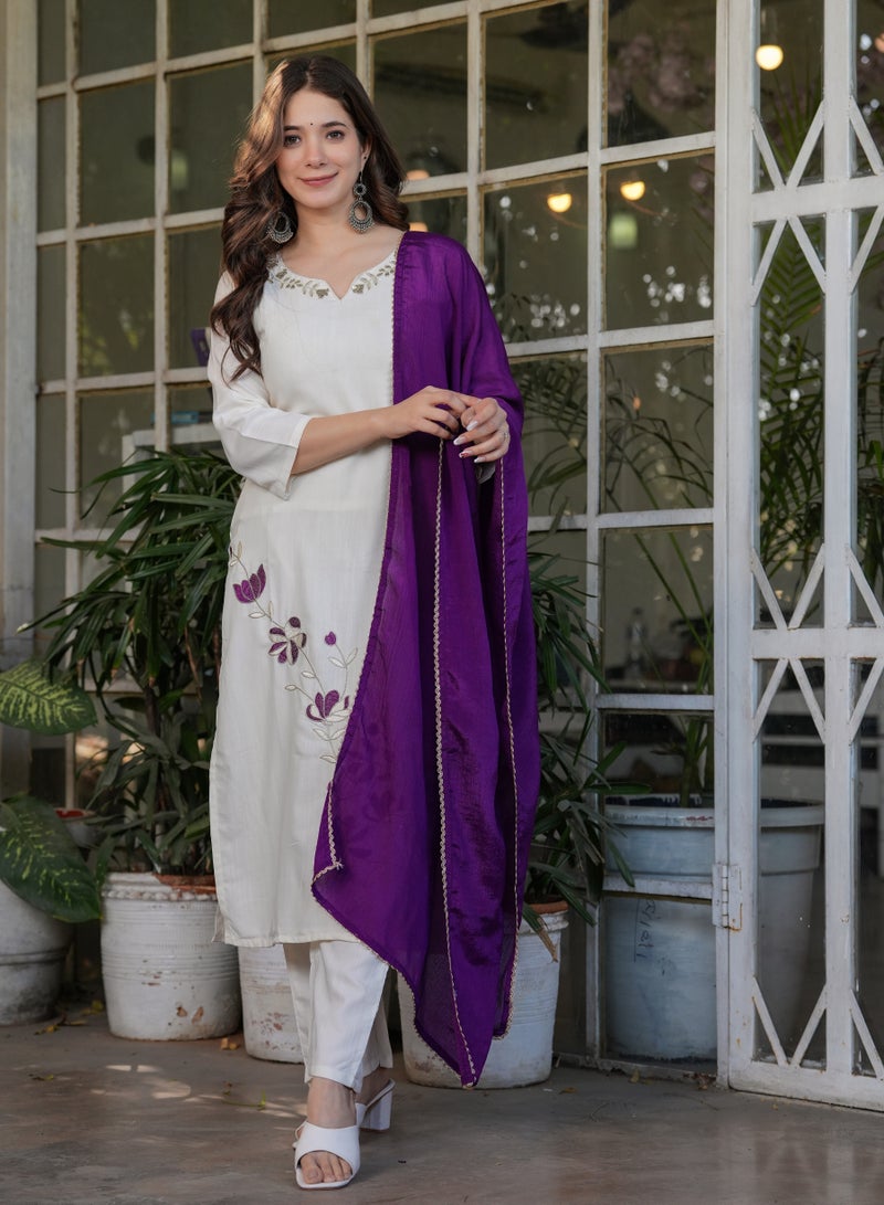 Women's Viscose Rayon embroidery straight kurta with pant and dupatta sets - Image 1