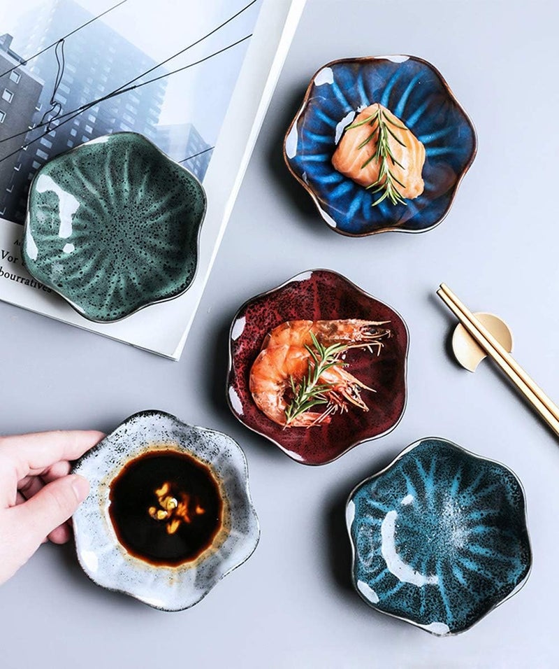 Rain House Fancy Ceramic Dishes Bowl Set Mini Side Seasoning Dish Sushi Soy Sauce Dipping Condiment Dishes Appetizer Plate Snack Serving Dish Porcelain Small Dining Dinnerware for Kitchen Home Set of 5  - Image 1