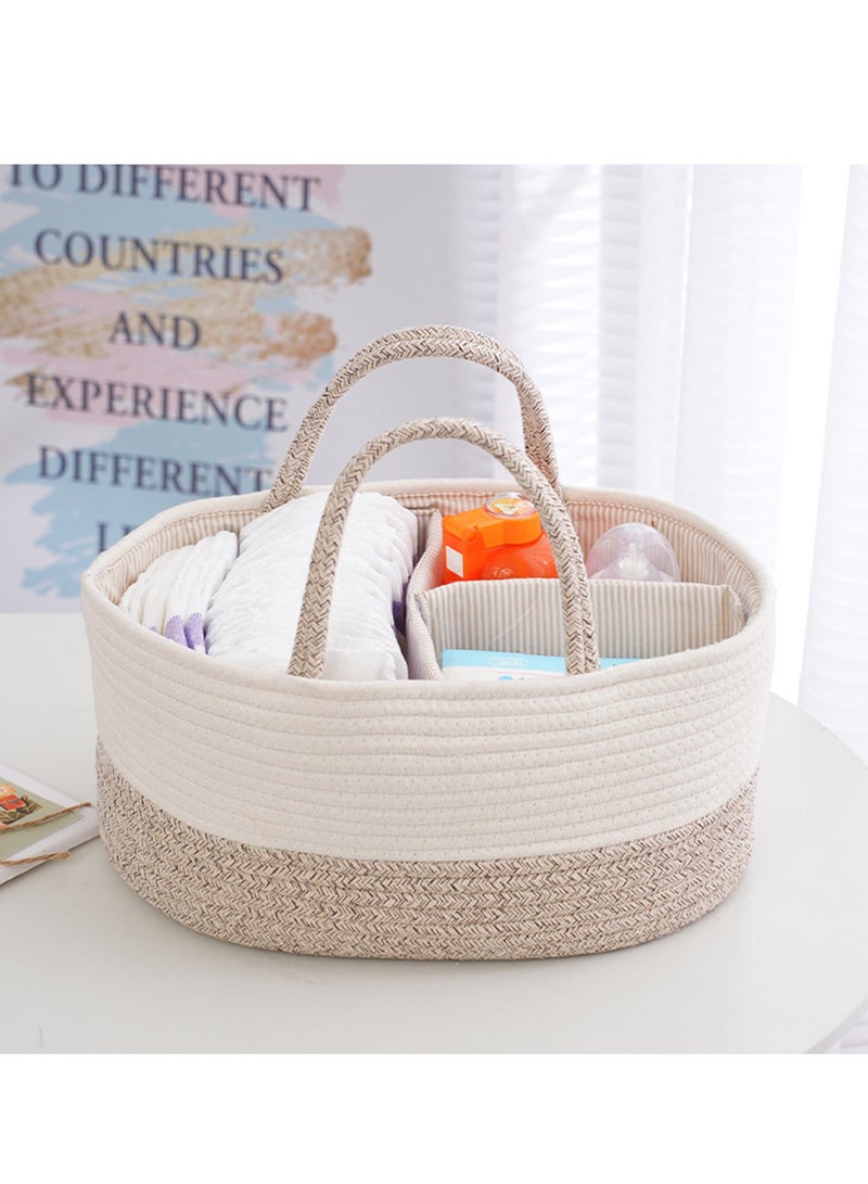 general Baby Nappy Caddy, Nappy Organiser, Nursery Bohemian cotton rope storage basket, Portable Car Organizer with Removable Inserts (White/Brown)  - Image 2