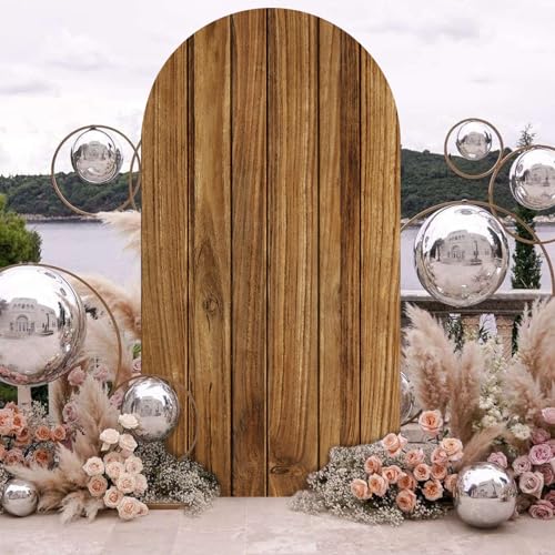 OurWarm 7.2FT Wood Arch Cover, Wood Grain and White 2 in 1 Round Arch Backdrop Covers, Spandex Arch Stretchy Backdrop Cover Fabric for Birthday Party Baby Shower Wedding Decorations - Image 4
