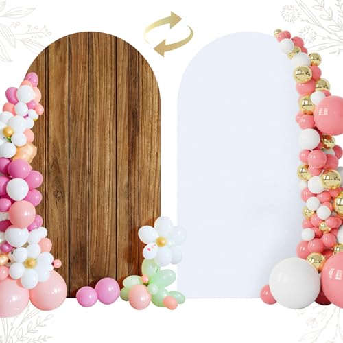 OurWarm 7.2FT Wood Arch Cover, Wood Grain and White 2 in 1 Round Arch Backdrop Covers, Spandex Arch Stretchy Backdrop Cover Fabric for Birthday Party Baby Shower Wedding Decorations - Image 1