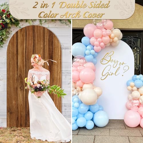 OurWarm 7.2FT Wood Arch Cover, Wood Grain and White 2 in 1 Round Arch Backdrop Covers, Spandex Arch Stretchy Backdrop Cover Fabric for Birthday Party Baby Shower Wedding Decorations - Image 3
