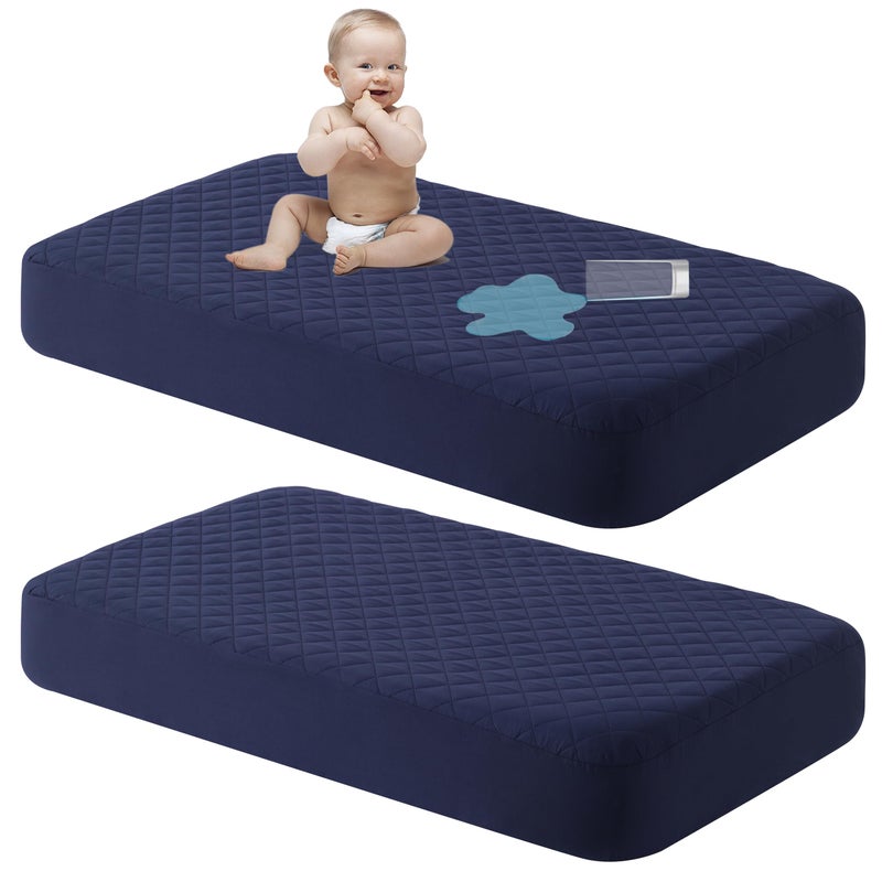 NTBAY 2 Pack Waterproof Mini Crib Mattress Protector  Quilted 24""x38"" Fitted Mattress Cover - Machine Washable - Soft and Breathable Baby Mattress Pad Sheet for Mini Crib and Baby Playards  Navy Blue - Image 1