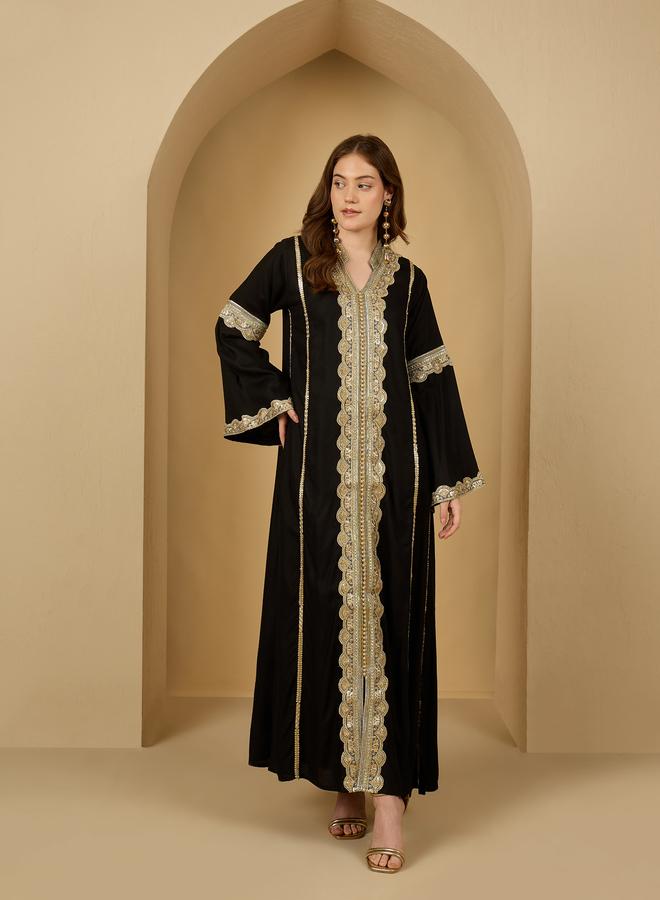 Styli Embroidered Lace Trim V Neck Jalabiya - Image 2