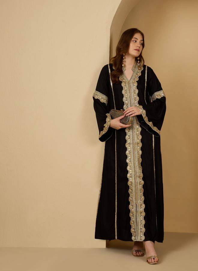 Styli Embroidered Lace Trim V Neck Jalabiya - Image 1