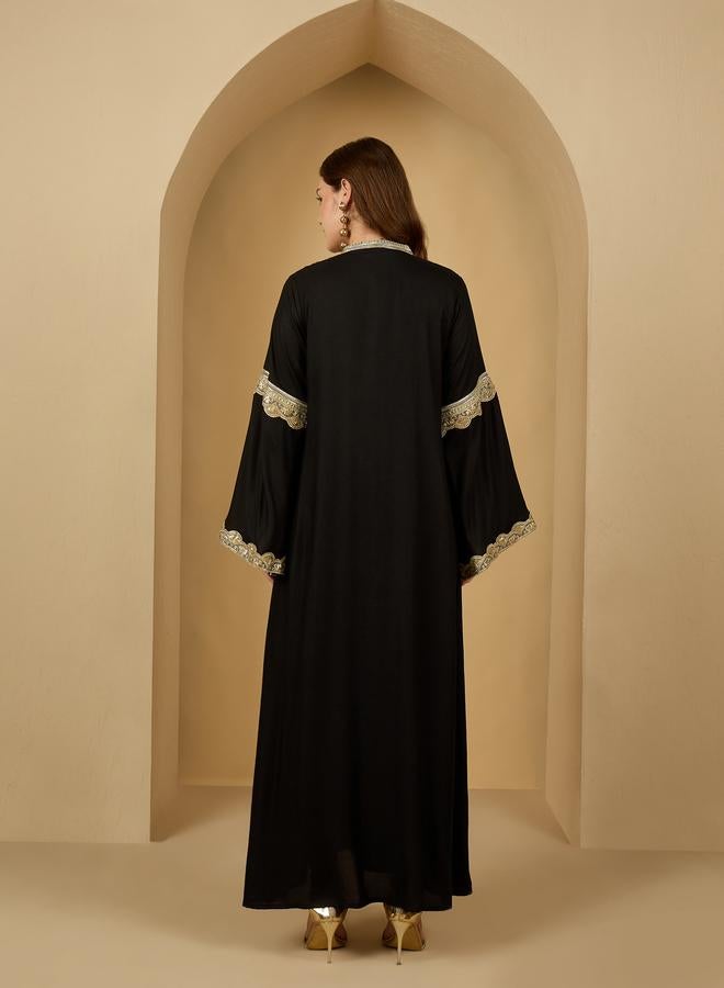 Styli Embroidered Lace Trim V Neck Jalabiya - Image 5