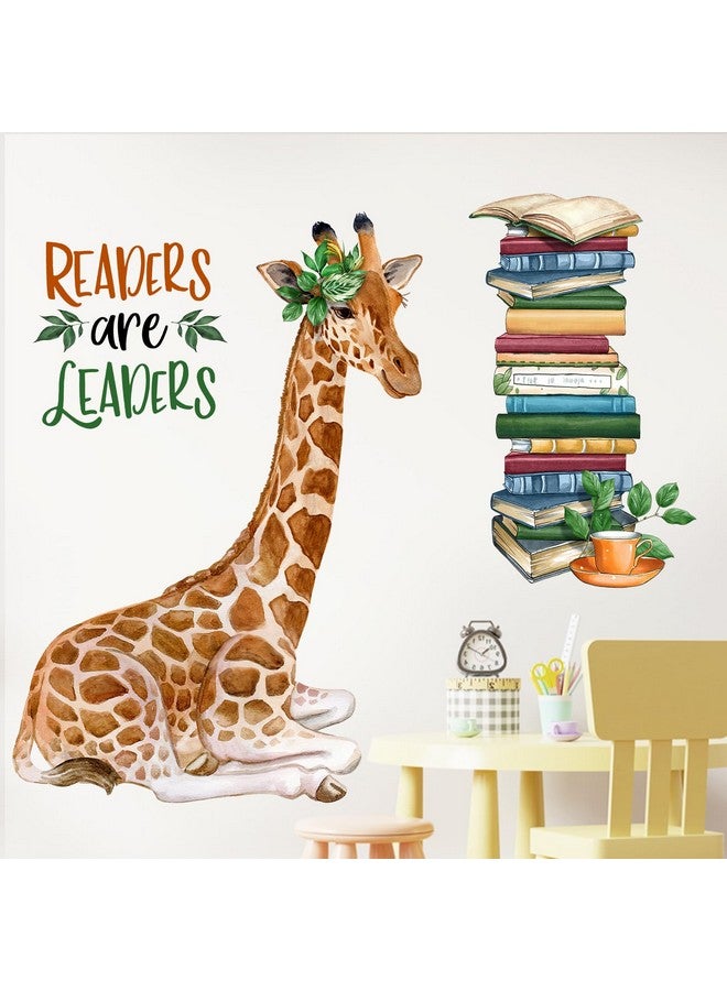 Mfault Giraffe Reading Corner Baby Boys Girls Wall Decals Stickers, Readers are Leaders Woodland Animals Read Books Nursery Playroom Decorations Bedroom Classroom Art, Kids Library Toddler Room Decor - Image 1