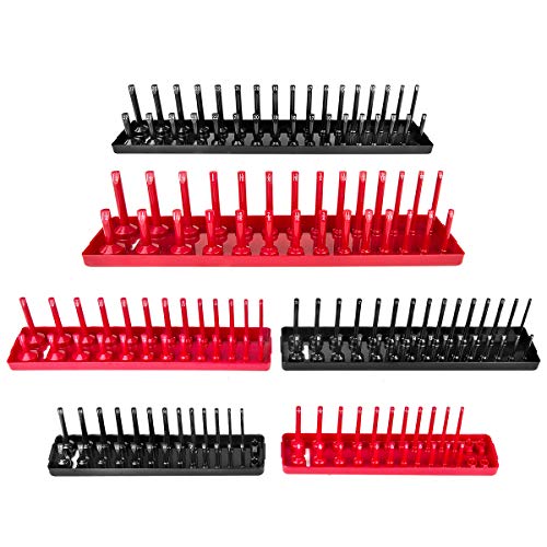 AIUITIO 6PCS Socket Organizer Tray Set Red SAE Black Metric Socket Storage Trays 14Inch 38Inch 12Inch Drive Deep and Shallow Socket Holders for Toolboxes - Image 1