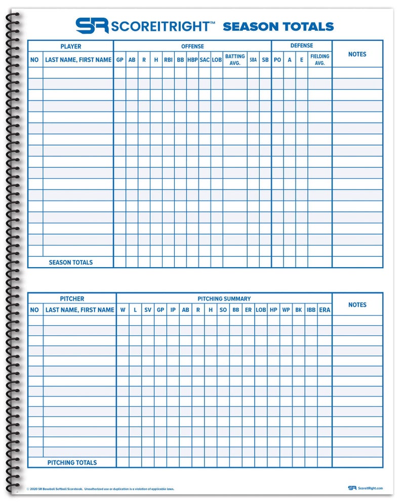 Score It Right Little Blue Baseball/Softball Scorebook – Premium Score Keeping Book – 16 Player - 24 Game Scorebook with Pitch Count, Individual Player Stats, Batting Average Chart - 9.25" x 12" - Image 5