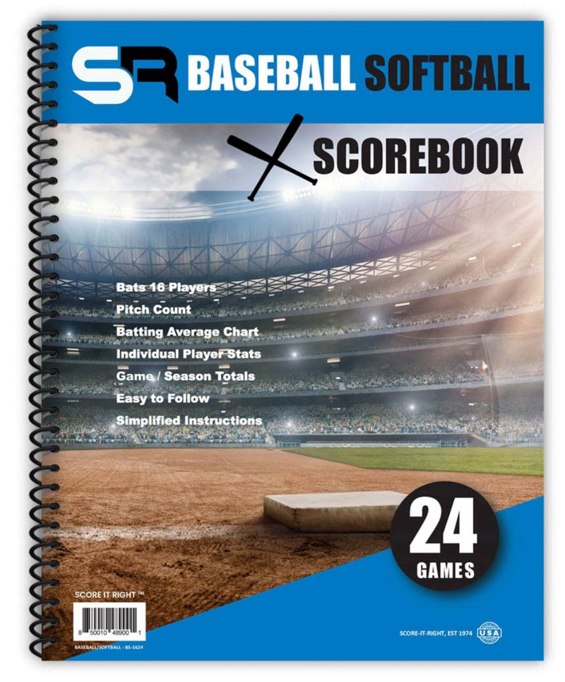 Score It Right Little Blue Baseball/Softball Scorebook – Premium Score Keeping Book – 16 Player - 24 Game Scorebook with Pitch Count, Individual Player Stats, Batting Average Chart - 9.25" x 12" - Image 1
