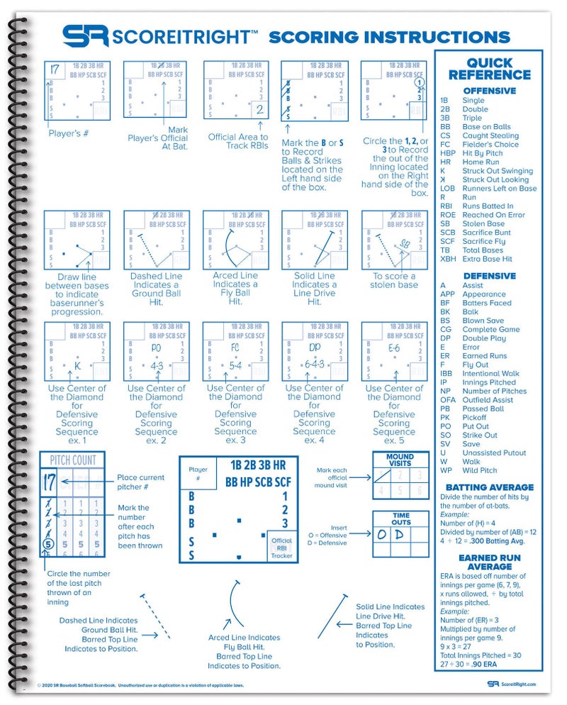 Score It Right Little Blue Baseball/Softball Scorebook – Premium Score Keeping Book – 16 Player - 24 Game Scorebook with Pitch Count, Individual Player Stats, Batting Average Chart - 9.25" x 12" - Image 2