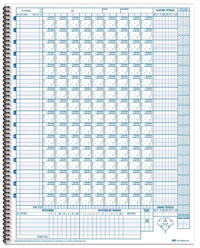 Score It Right Little Blue Baseball/Softball Scorebook – Premium Score Keeping Book – 16 Player - 24 Game Scorebook with Pitch Count, Individual Player Stats, Batting Average Chart - 9.25" x 12" - Image 3