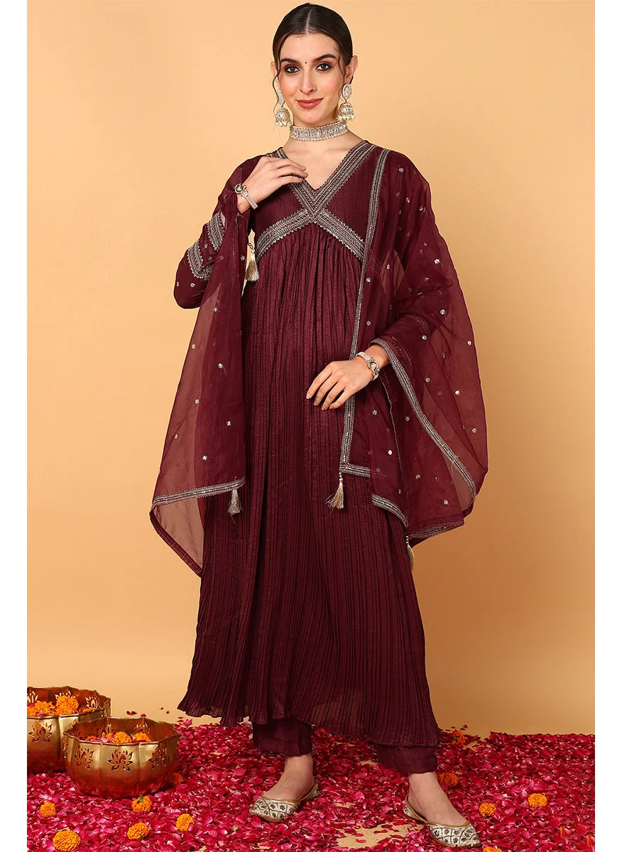 ZERESOUQ Maroon Silk Blend Solid Embroidered Anarkali Set