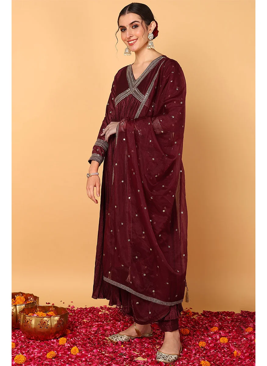 ZERESOUQ Maroon Silk Blend Solid Embroidered Anarkali Set