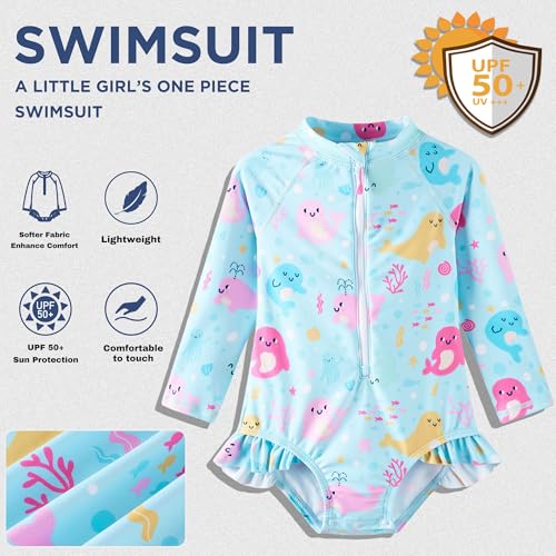 UMELOK Baby Girls One Piece Swimsuit UPF 50+ Sun Protection Floral Printed Long Sleeve Rash Guard Swim Suit Infant Swimwear with Zipper Cute Dolphin,12M - Image 3