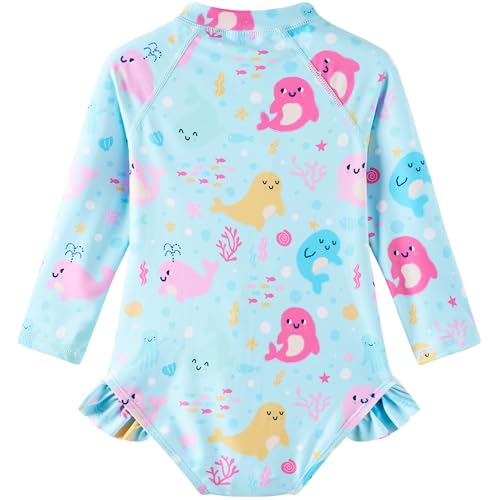 UMELOK Baby Girls One Piece Swimsuit UPF 50+ Sun Protection Floral Printed Long Sleeve Rash Guard Swim Suit Infant Swimwear with Zipper Cute Dolphin,12M - Image 2