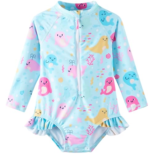 UMELOK Baby Girls One Piece Swimsuit UPF 50+ Sun Protection Floral Printed Long Sleeve Rash Guard Swim Suit Infant Swimwear with Zipper Cute Dolphin,12M - Image 1