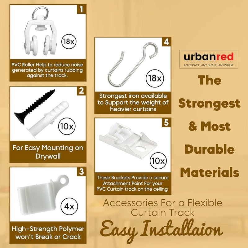 UrbanRed Flexible Ceiling Curtain Track - Room Divider, Curtain Rod, Wall Divider curtain, Ceiling Mount, RV Rail, Shower Corner, Long Curved Hospital Privacy System (White, Accessory Kit) - Image 2